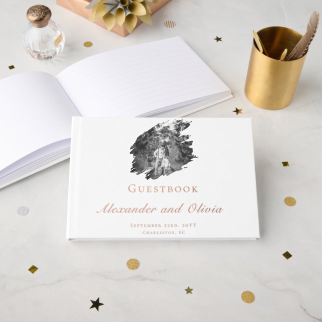 Livre D'or Mariage photo moderne Brushstroke | BLANCHE (Recto ouvert)