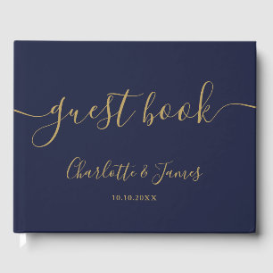 Livre D'or Mariage Photo Signature Script Bleu Nuit Et Or