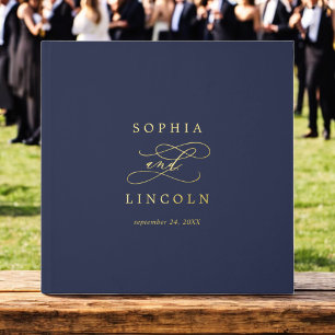 Livre D'or Mariage Romantique Bleu Nuit Or à Motif Monogramme