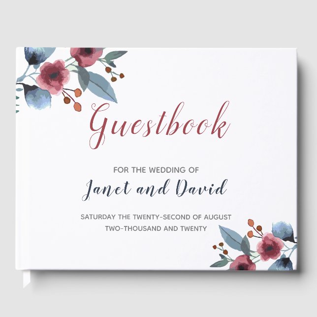 Livre D'or Mariage, Rose, Aquarelle jaune et bleu Floral (Recto)