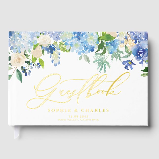 Livre D'or Mariage Rose d'aquarelle bleu Hydrangea et ivoire (Recto)