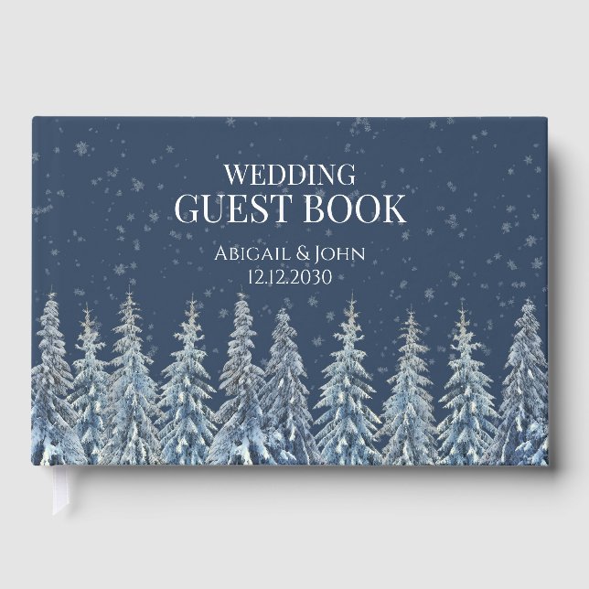 Livre D'or Mariage Rustique d'Hiver Forêt Bleu Marine (Recto)
