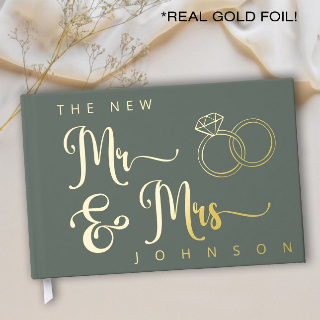 Livre D'or Mariage Sage Green et Gold Foil Guestbook (Real Gold Foil and sage green wedding guestbook with rings and script typography)