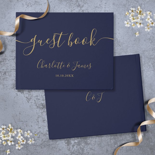 Livre D'or Mariage Signature Script Bleu Nuit Et Or (Navy Blue And Gold Signature Script Wedding Guest Book)