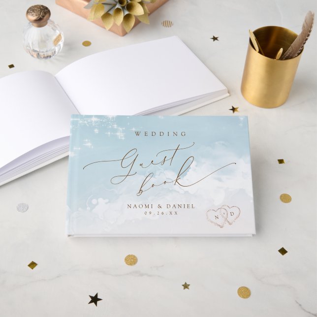 Livre D'or Mariage sur la plage à Modern Script coeurs dans l (Recto ouvert)