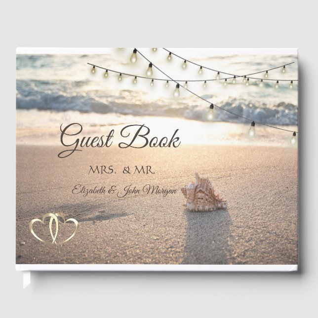 Livre D'or Mariage sur la plage, Coquillage, Cordes lumineuse (Recto)