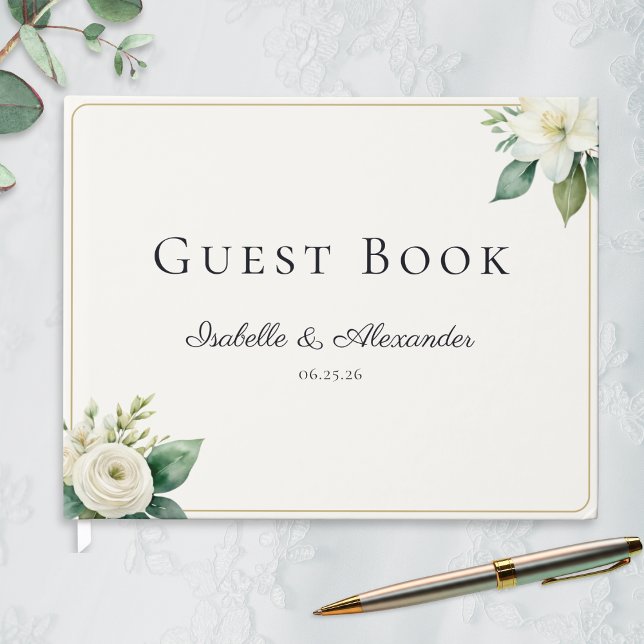 Livre D'or Mariage sur mesure aux fleurs blanches élégantes e (An elegant wedding guest book with custom names and date, with white floral motifs and greenery)