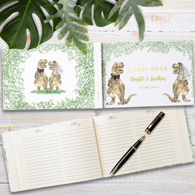 Livre D'or Mariage Thème Dinosaure Feuille d'Or (Dinosaur themed wedding guest book with funny T-Rex bride and groom and Jurassic jungle foliage )