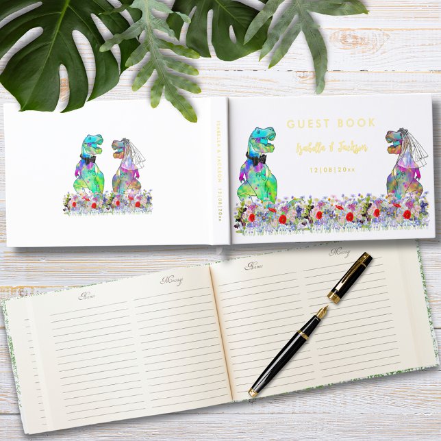 Livre D'or Mariage Thème Dinosaures Or (Dinosaur bride and groom colorful floral dinosaur wedding gold foil guest book)