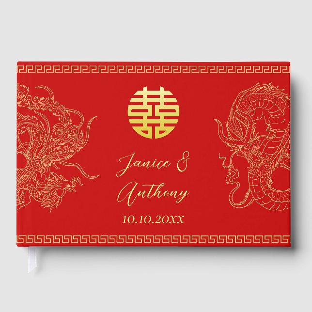 Livre D'or Mariage traditionnel chinois dragon rouge phénix (Recto)