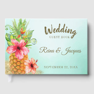 Livre D'or Mariage Tropical Aquarelle Fleurs Pineapple
