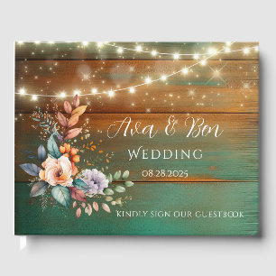 Livre D'or Mariage turquoise et Cuivre Lumières florales