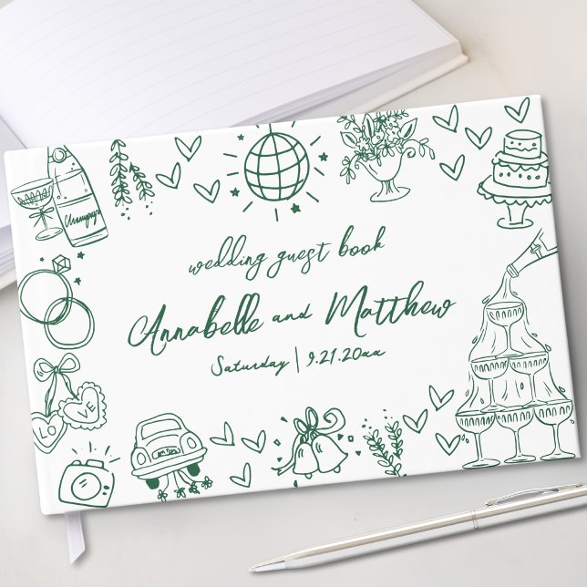Livre D'or Mariage vert émeraude blanc dessiné main (Hand Drawn Whimsical Emerald Green Wedding Guest Book)