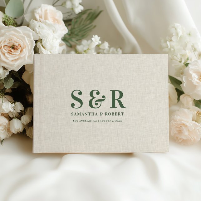 Livre D'or Mariage vert foncé Monogramme Linge beige (Créateur téléchargé)