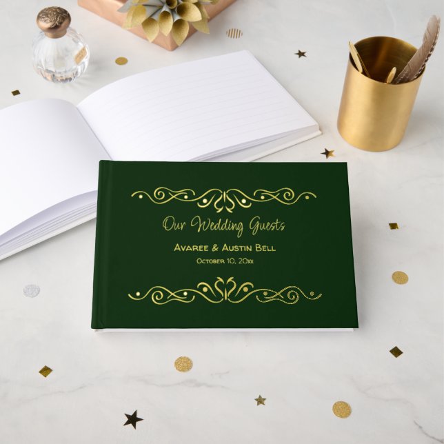 Livre D'or Mariage vert riche en huile d'or (Recto ouvert)