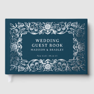 Livre D'or Mariage Vintage Bleu Floral Feuille d'Argent