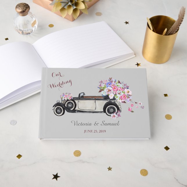 Livre D'or Mariage vintage Roadster et Bouquet (Recto ouvert)