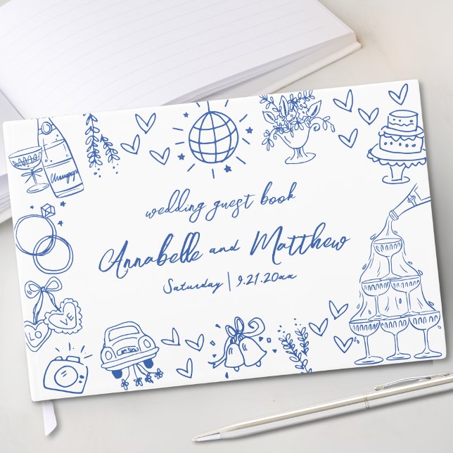 Livre D'or Mariage Whimsical bleu dessiné à la main (Hand Drawn Blue Whimsical Wedding Guest Book)