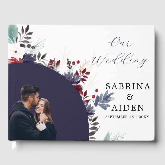 Livre D'or Marine Bleu Bourgogne Rouge Gothique Floral Mariag (Recto)