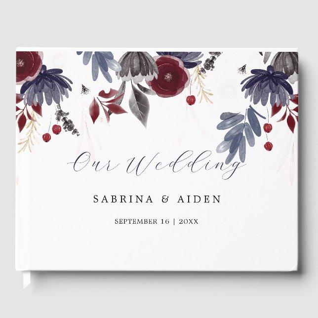 Livre D'or Marine Bleu Bourgogne Rouge Gothique Floral Mariag (Recto)