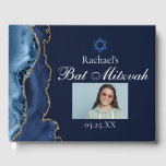 Livre D'or Marine Blue Gold Agate Bar Mitzvah Party Photo<br><div class="desc">L'élégante agate bleu marine et or orne le côté de ce livre d'or Bat mitzvah moderne. Le nom de votre fille est écrit dans une belle écriture formelle sous l'Étoile de David. Ajoutez leur photo pour une touche personnalisée. Parfait pour une famille juive chic et élégante célébrant l'appel de leur...</div>