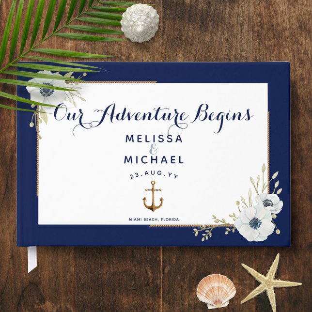 Livre D'or Marine Blue & White Anemones ⚓ Mariage nautique (Navy Blue & White Anemones⚓ Nautical Wedding Guest Book
)