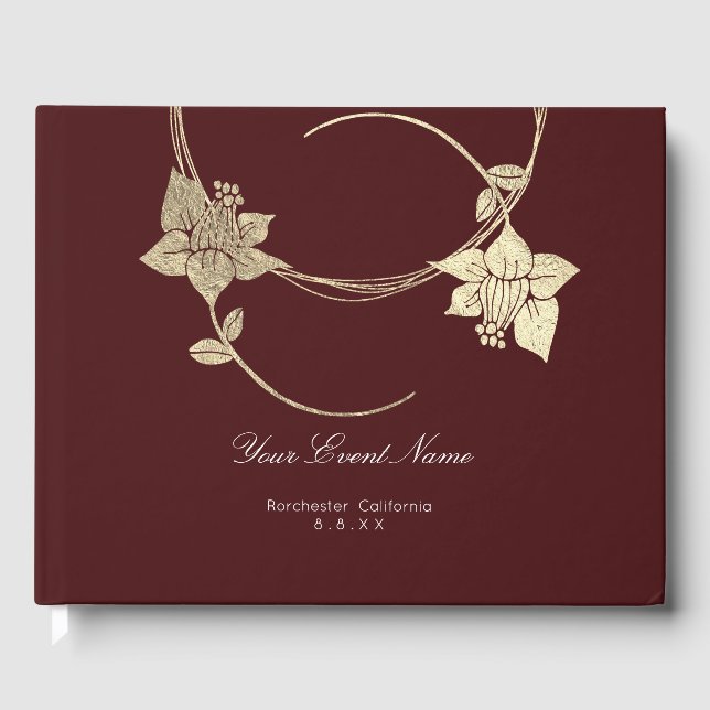 Livre D'or Maroon de Bourgogne Champaign Mariage Floral d'or (Recto)
