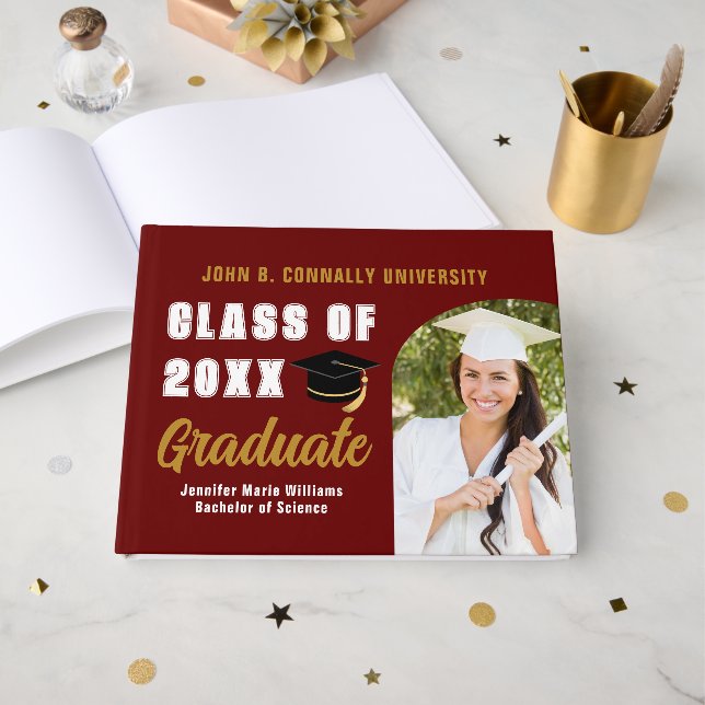 Livre D'or Maroon Gold Class of 2025 Photo Custom Graduation (Recto ouvert)