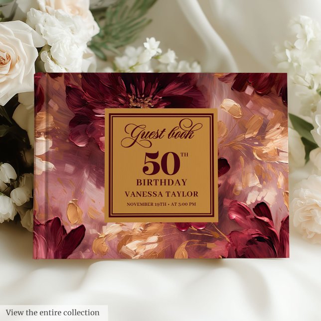 Livre D'or Marsala classique Blush Gold Flowers 50e anniversa (Classic Marsala Blush Gold Flowers 50th Birthday Guest Book)