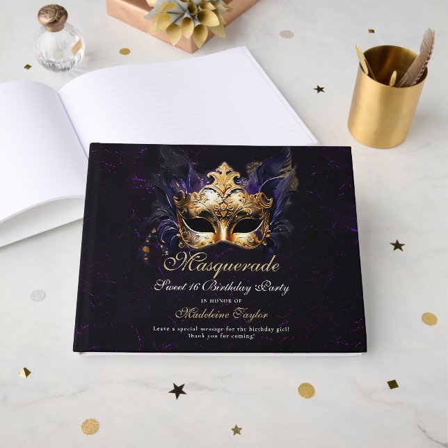 Livre D'or Masquerade Masque or violet Dramatique 16e anniver (Recto ouvert)