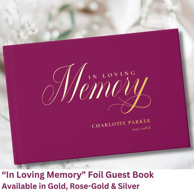 Livre D'or Mémorial "En mémoire d'amour" Gold-Foil, Berry (Personalized Memorial "In Loving memory" Gold-Foil, Green Foil Guest Book.)