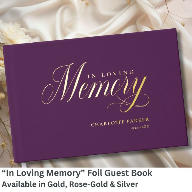 Livre D'or Mémorial "En mémoire d'amour" Gold-Foil, Violet (Personalized Memorial "In Loving memory" Gold-Foil, Green Foil Guest Book.)
