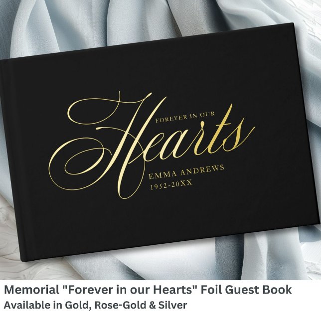 Livre D'or Mémorial "Forever in our Hearts" Gold-Foil, Noir (Memorial "Forever in our Hearts" Gold-Foil, Black Foil Guest Book)