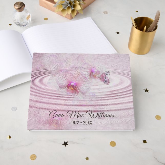 Livre D'or Memorial Service Butterfly on Pink Orchid  (Recto ouvert)