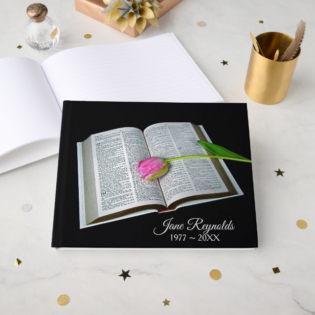 Livre D'or Memorial Service Pink Tulip on Holy Bible (Recto ouvert)