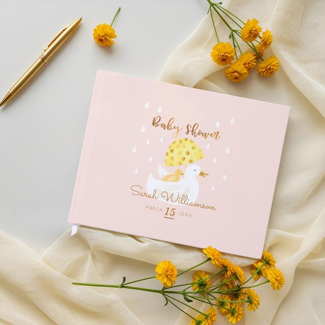 Livre D'or Mère & Bébé Jaune Canard Parapluie Bleu Rose (Mother & Baby Yellow Ducky Umbrella Blush Pink Guest Book)