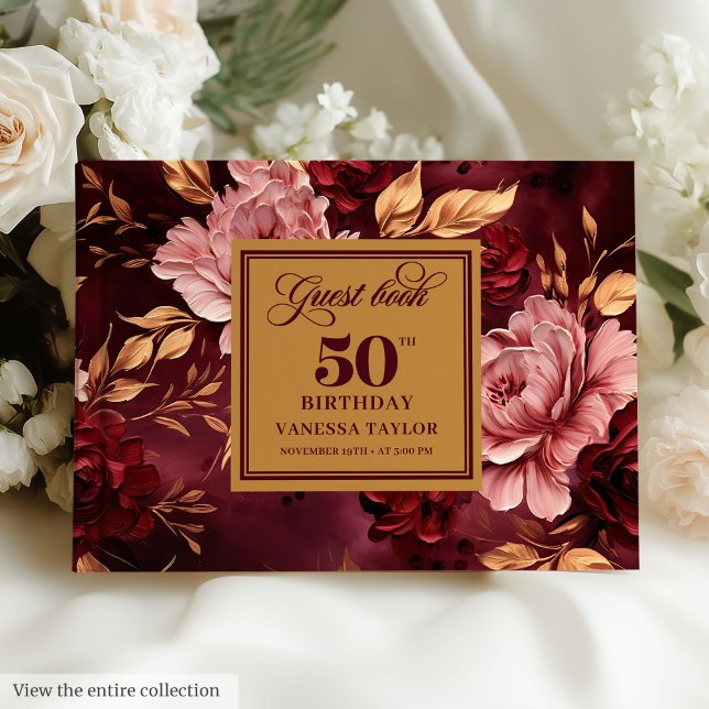 Livre D'or Merlot Blush Gold Floral élégant 50e anniversaire (Stylish Merlot Blush Gold Floral 50th Birthday Guest Book)