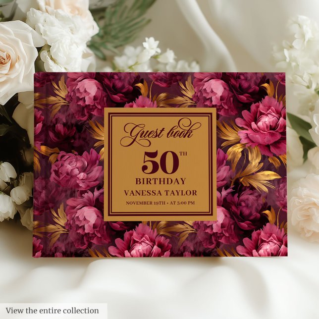 Livre D'or Merlot de luxe Blush Gold Floral 50e anniversaire (Luxury Merlot Blush Gold Floral 50th Birthday Guest Book)