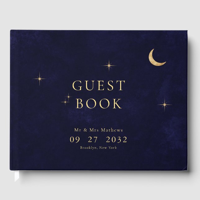 Livre D'or Midnight Blue Celestial Gold Moon Stars Mariage (Recto)