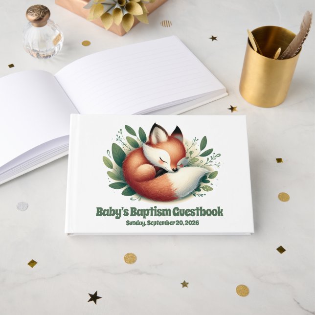 Livre D'or Mignonne Fox dormir en Feuille Baby Baptism (Recto ouvert)