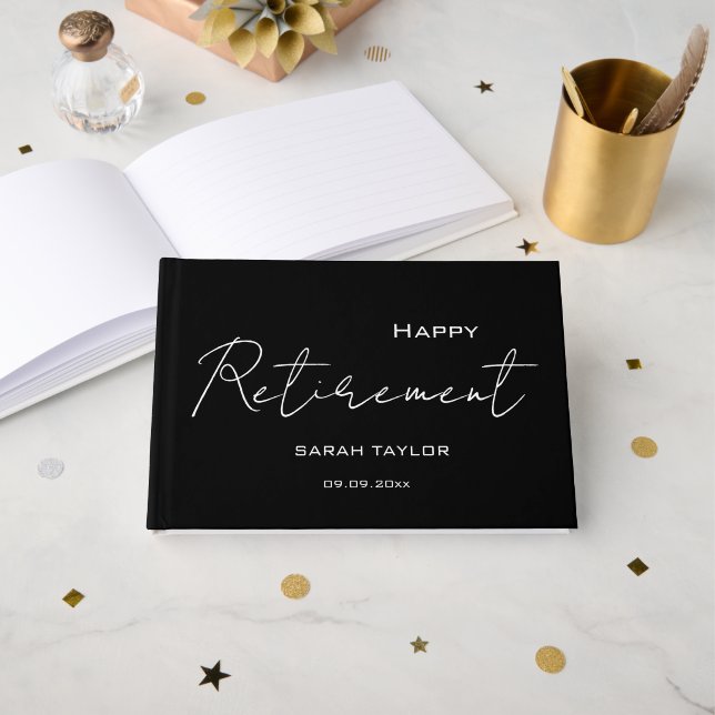 Livre D'or Modern Black White Happy Retirement Personalized  (Recto ouvert)