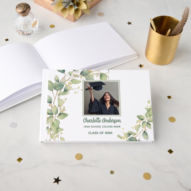 Livre D'or Modern Botanical Sage Graduate Photo (Recto ouvert)