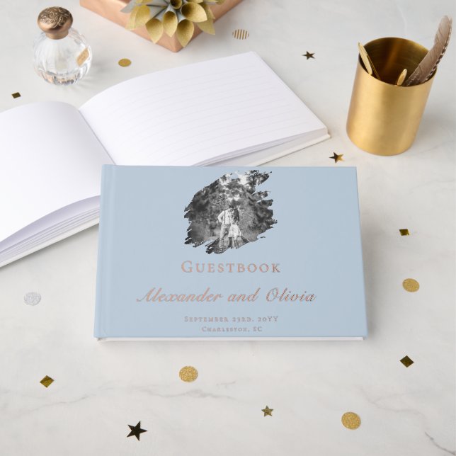 Livre D'or Modern Brushstroke Photo Wedding | Blue (Recto ouvert)