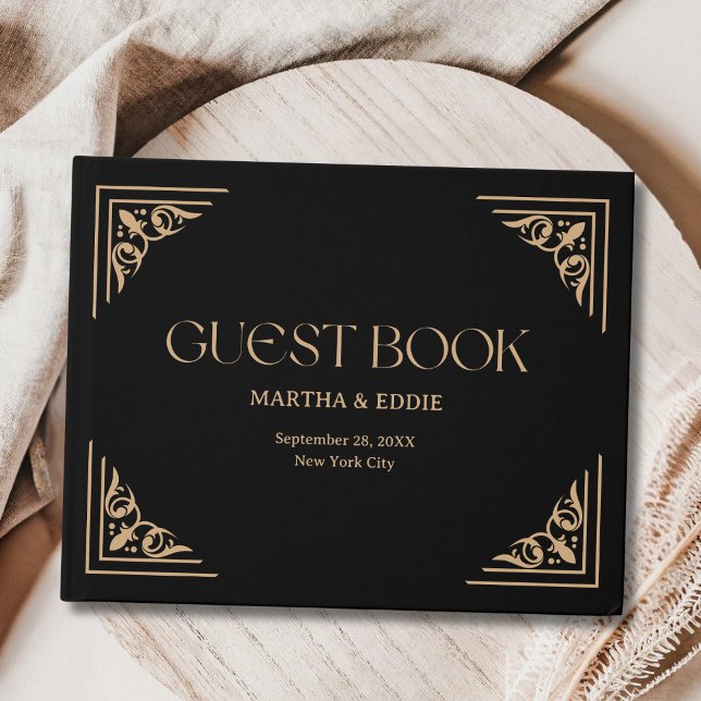 Livre D'or Modern Deco | Elegant Black and Gold Wedding (Elegant black and gold guest book captures heartfelt wedding memories in timeless deco style.)