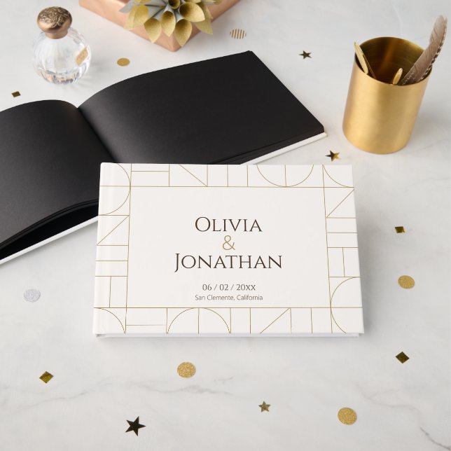 Livre D'or Modern Gold Ornaments Cream Wedding (Recto ouvert)