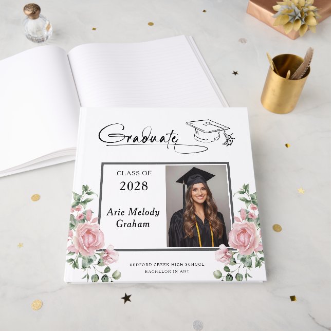 Livre D'or Modern Pink Roses Graduation 2 Photo (Recto ouvert)