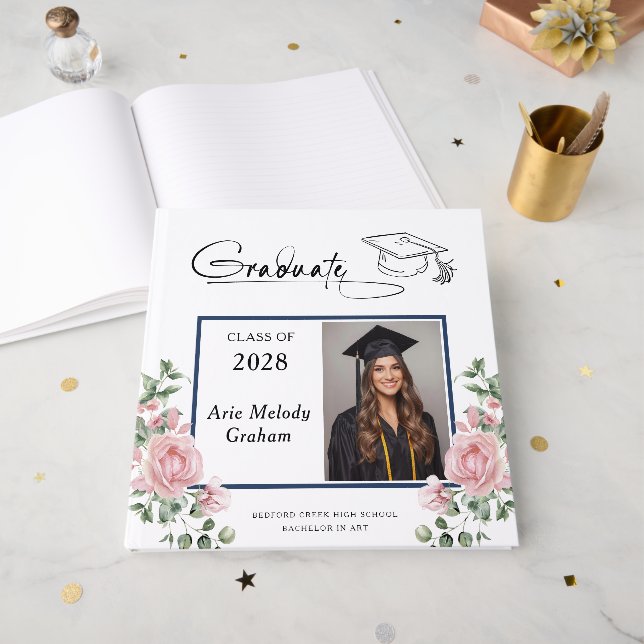 Livre D'or Modern Pink Roses Graduation 2 Photo (Recto ouvert)