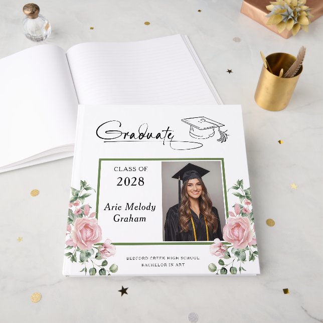 Livre D'or Modern Pink Roses Graduation 2 Photo (Recto ouvert)