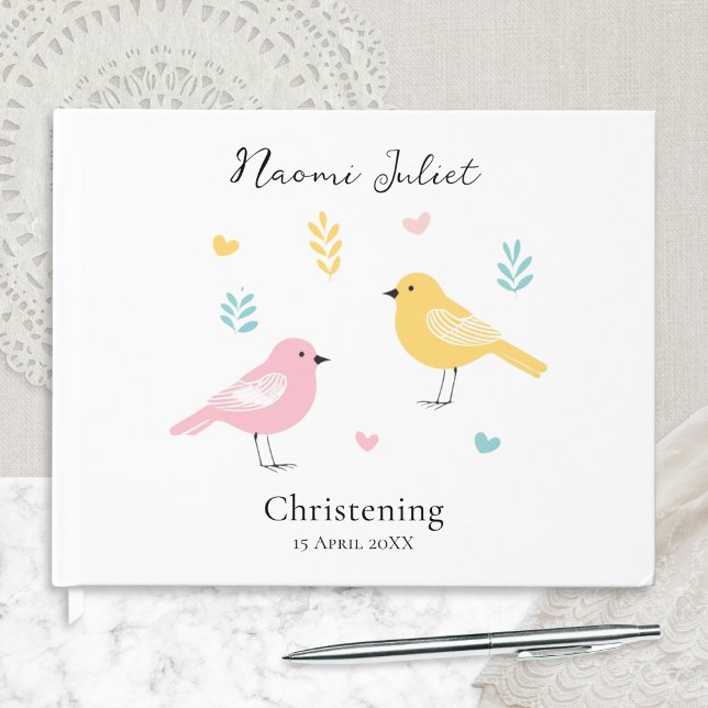Livre D'or Modern Scandi Pastel Birds Baby Girl Christening (A pretty guest book for baby's Christening, with modern pastel birds design and custom name and date)