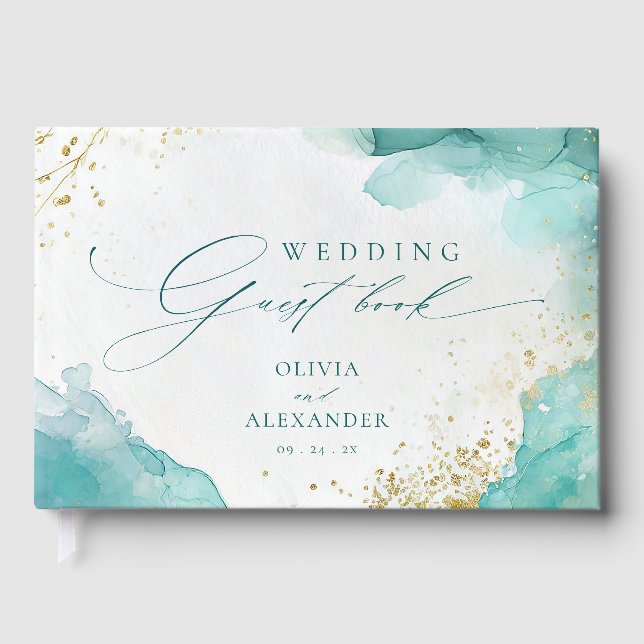 Livre D'or Modern Teal Gold Abstract Beach Wedding (Recto)